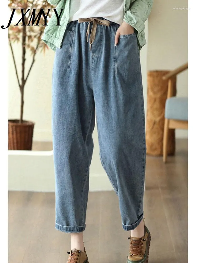 Kvinnors jeans jxmyy 2023 vår och sommar mode avslappnad enkel snörning elastisk midja haren byxor kvinnor tvättade mager