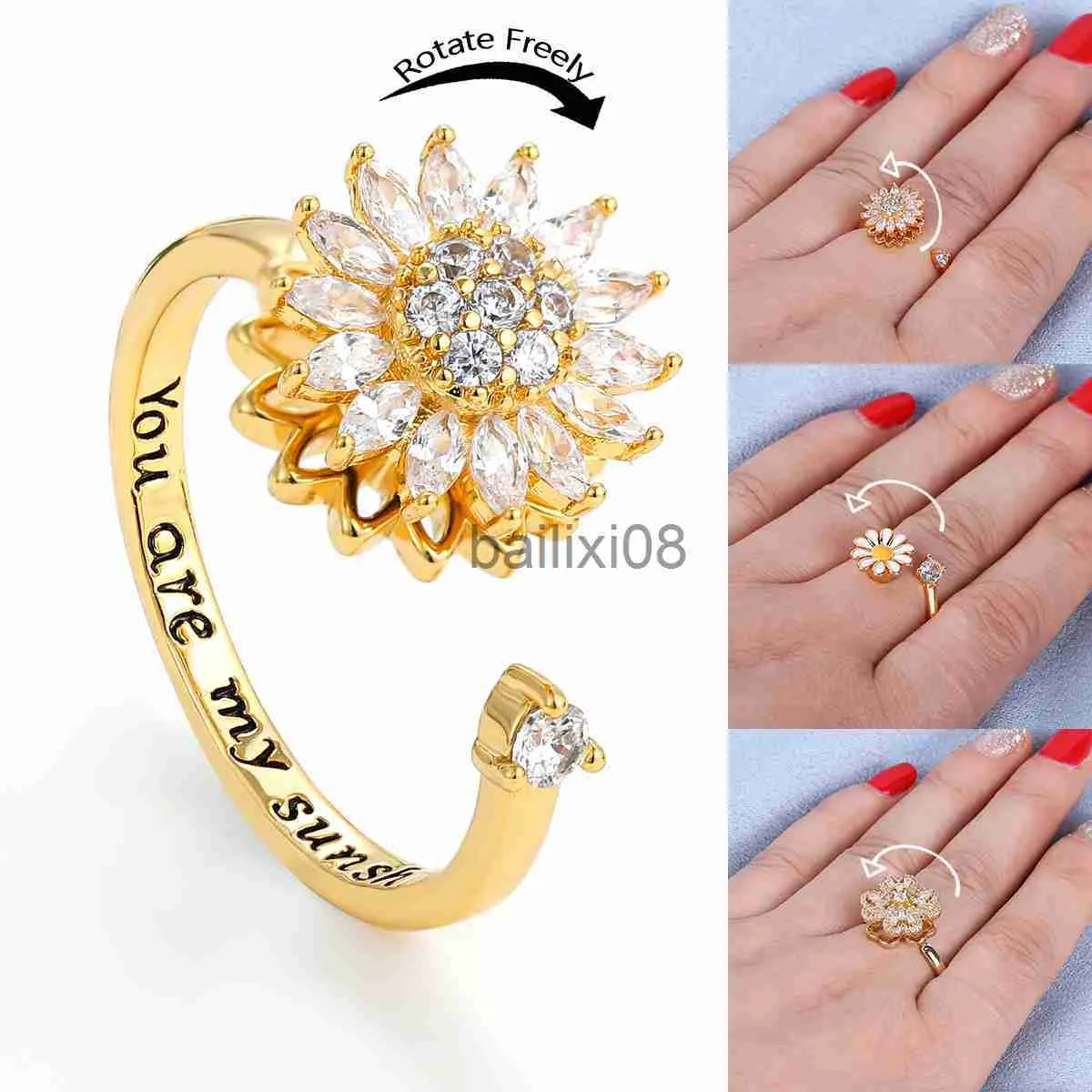 Band Rings Fidget Anti Stress Anxiety Rings for Women Stainless Steel Gold-plated Rotatable Sun Star Evil Eye Sunflower Spinner Rings J230719