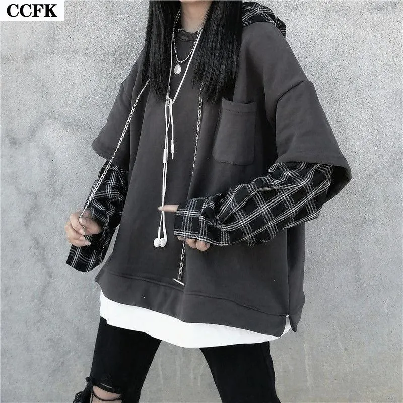 Damen Hoodies Y2K Hip Hop Hoodie Frauen Harajuku Plaid Sweatshirt Herbst Lose Lässige Gestreifte Pullover Kawaii Grunge Top Grau Oversize