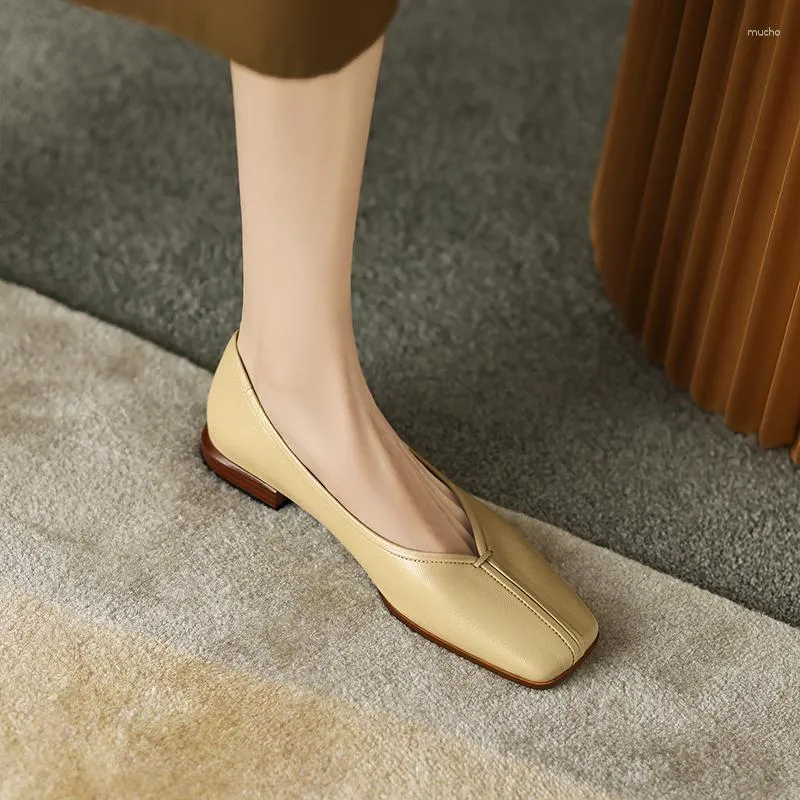 Dress Shoes 2023 Spring Women Pumps Natural Leather 22-24.5cm Length Sheepskin Pigskin Full Square Toe Retro Heels