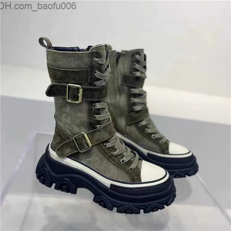 Boots Women's winter boots 2022 green thick soled women's canvas flat platform Chelsea boot anti-skid sports shoes Women's motorcycle boots Z230719