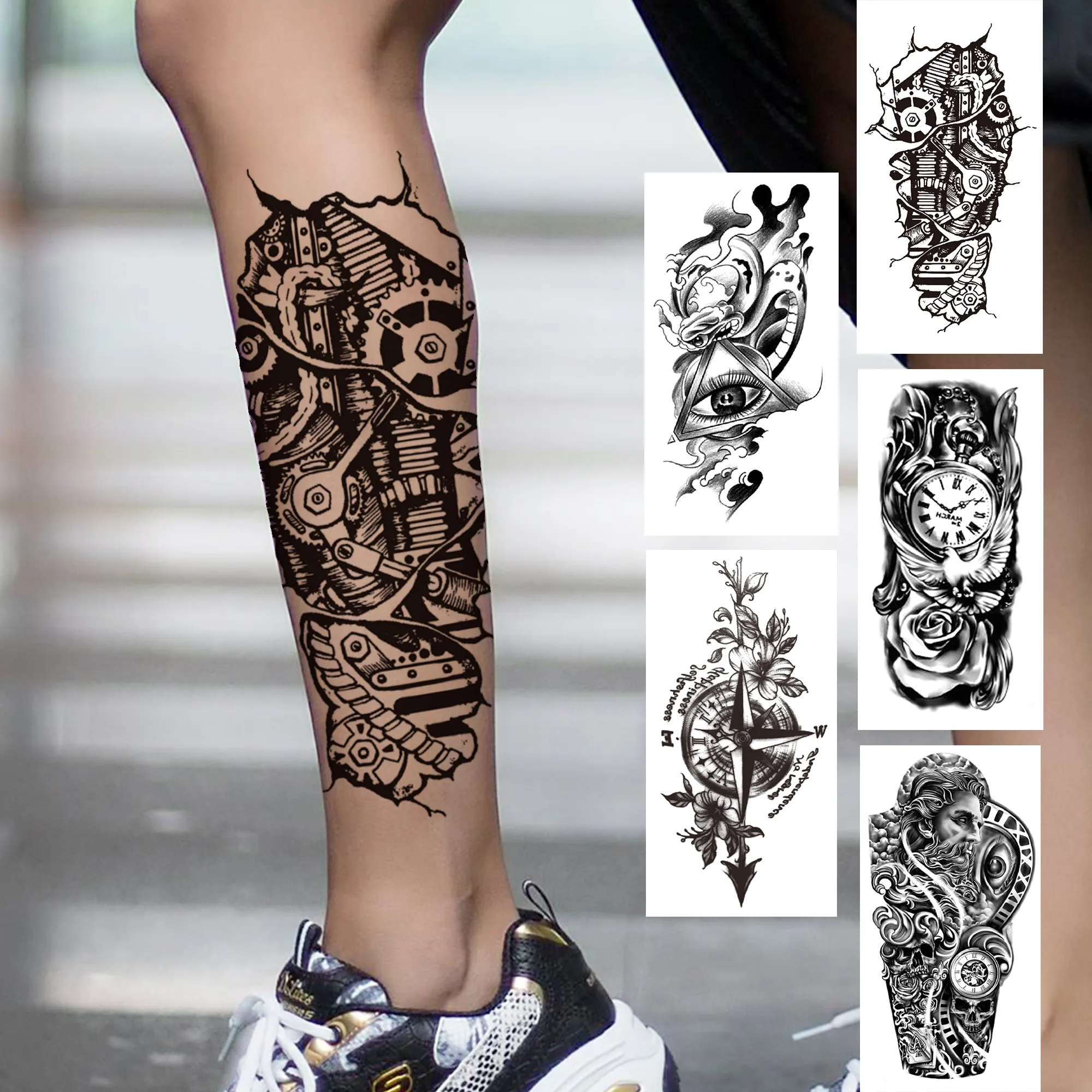 Maquinaria 3D Tatuajes Temporales Para Mujeres Hombres Adultos Flor Negra Brújula Tatuaje Pegatina Falso Triángulo Ojo Reloj Tatoos Pierna Cuerpo