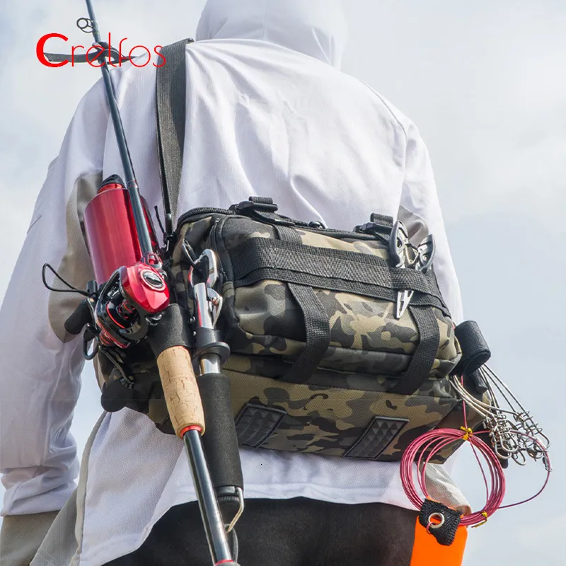 Acessórios de pesca Bolsa de pesca à prova d'água Estilingue de corpo cruzado Equipamento de pesca Mochila com suporte para haste Caixa de armazenamento Militar Bolsa de isca compacta ao ar livre 230718