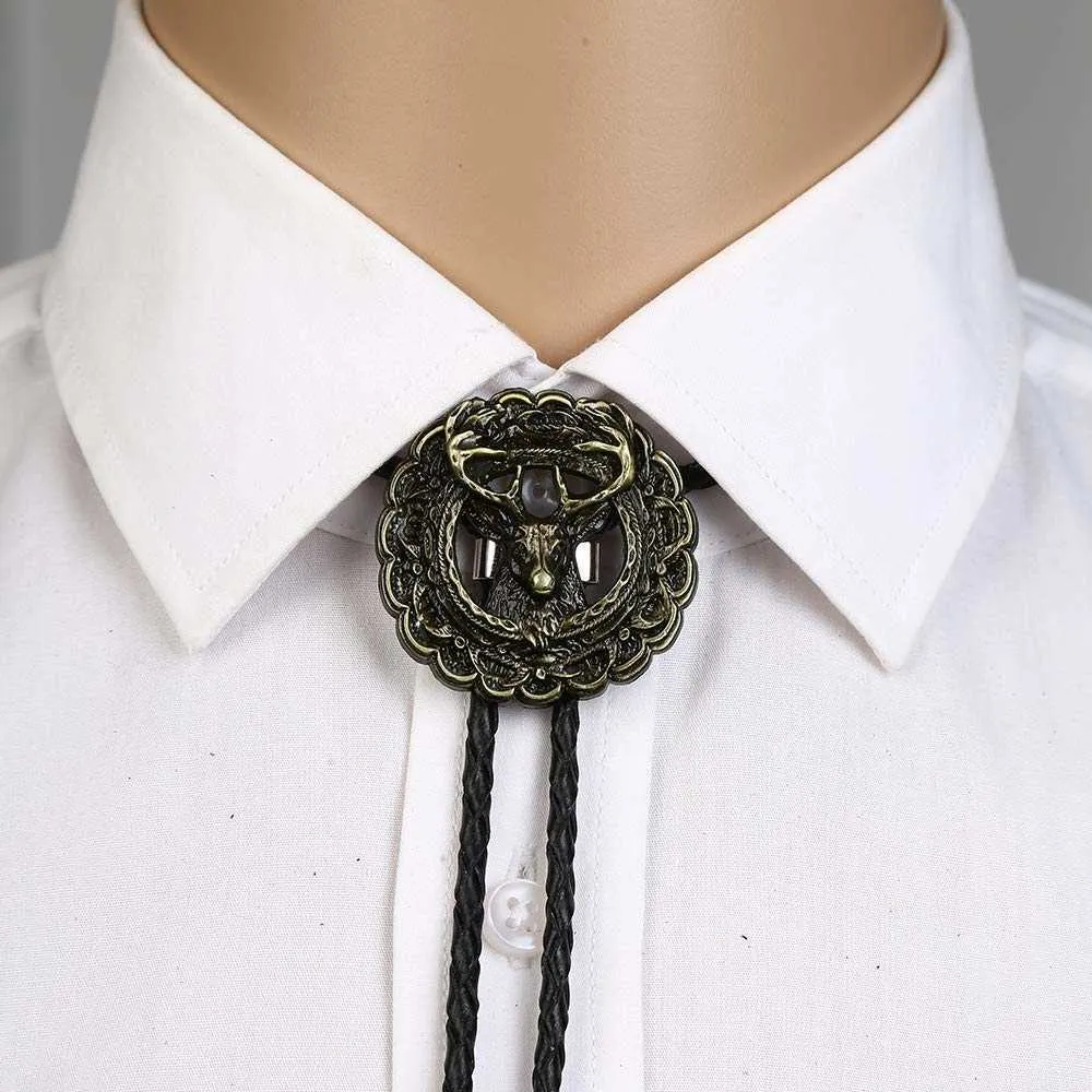 Bolo Ties 3D Koper herten hoofd bolo tie voor man Indian cowboy western cowgirl lederen touw zinklegering stropdas HKD230719