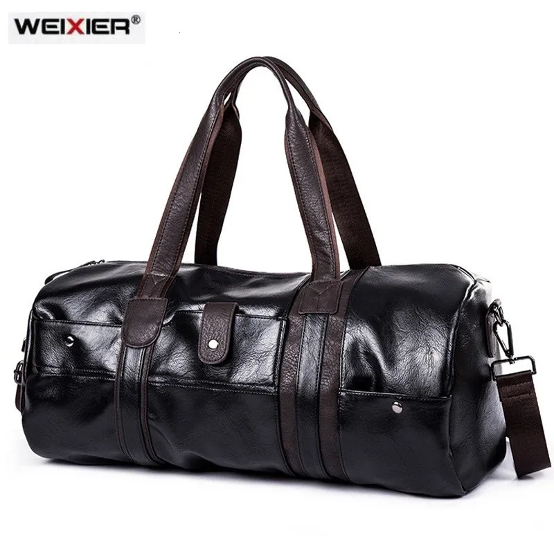 Duffel Bags Sports Bag Men For Gym Yoga Soft Pu Leather Black Brown Cylindrical Sport Fitness Bag Male Shoulder Travel Bagage Bag DuffleBag 230719