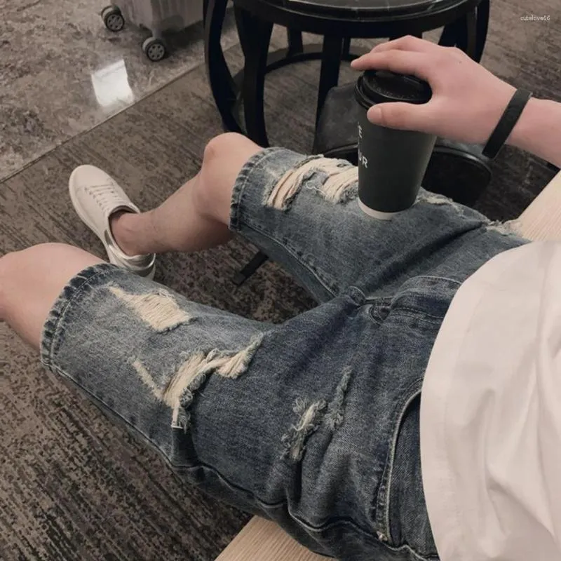 Men's Jeans Knee Length Denim Shorts Mid-waist Streetwear Mid-rise Ripped Holes Straight Leg