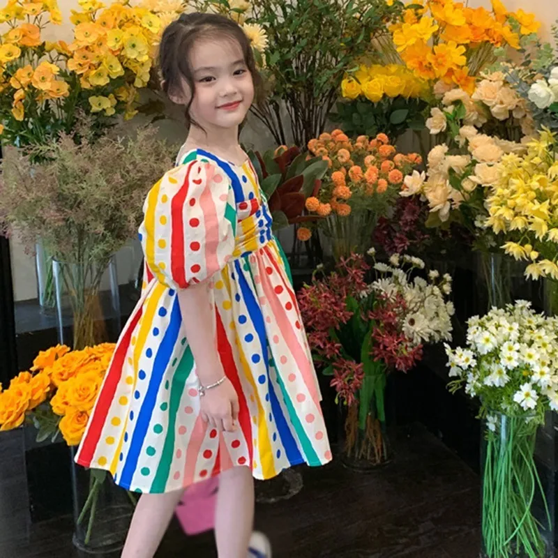 Abiti da ragazza 3-8 anni bambina dot arcobaleno abito estivo principessa maniche a sbuffo abbigliamento per bambini 230718