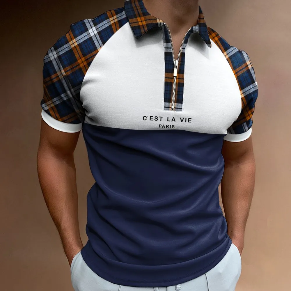 Mens Polos Fashionable and personalized printed short sleeved Tshirt summer lapel zipper conflict colored polo shirt casual ultrathin street clothing mens 230718