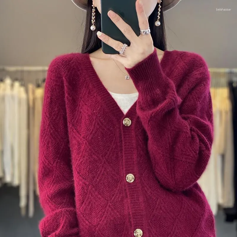 Women's Knits Cashmere V-Neck Cardigan Sweater Thickened Autumn And Winter Clothing Knitted Merino Wool Jacket Korean Fashion