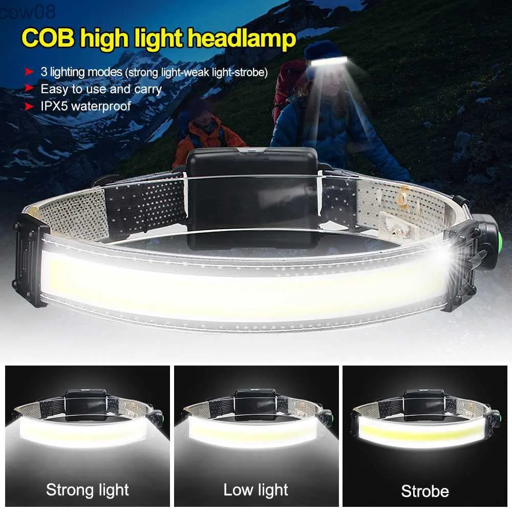 Headlamps 10W D Headlight Strip Headlamp Waterproof Outdoor Head Torch 3*AA Battery COB Headlamp Camping Hunting Lightweight Flashlight HKD230719