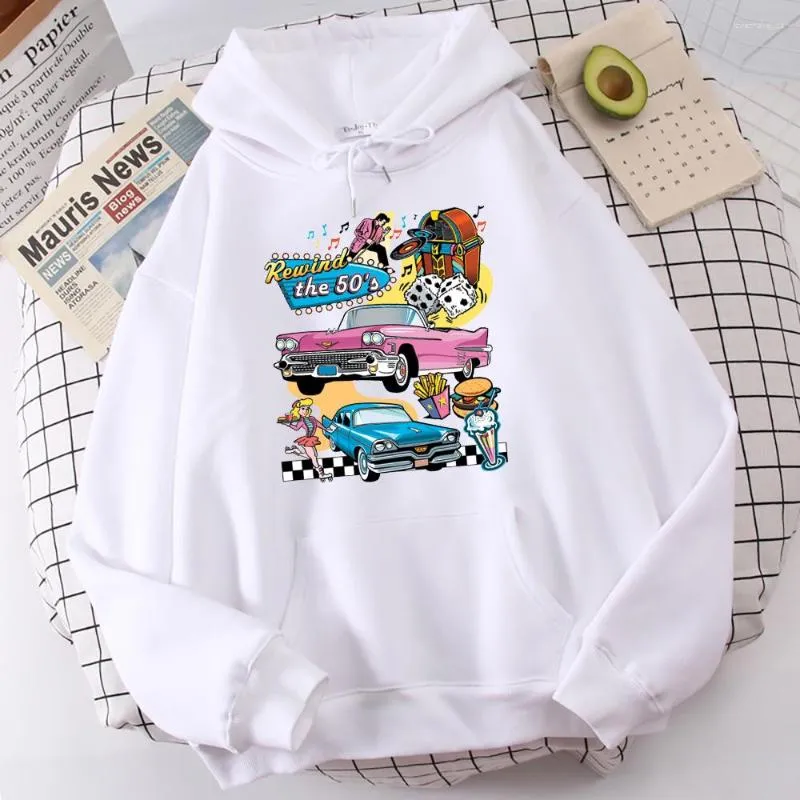 50s Car Life Print Thermal Lined Hoodie Unique Fleece Sweatshirt