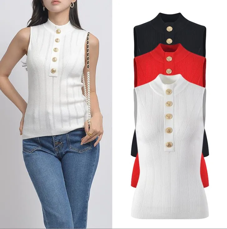 716 2023 Runway Summer Brand SAme Style Sweater Striped Sleeveless Crew Neck White Black Red Pullover Fashion Clothes High Quality Womens YL