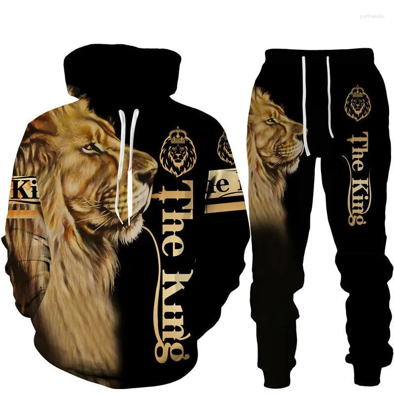 Agasalhos masculinos Cool Lion estampa 3D moletom conjunto de calças casual com capuz roupas esportivas roupas da moda femininas versáteis