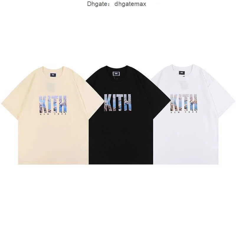 Herr t-shirts kith street liten mode märke klassisk illustrativ trycktryck för män och kvinnor lösa par t-shirt rund hals kort ärm 22 sommar