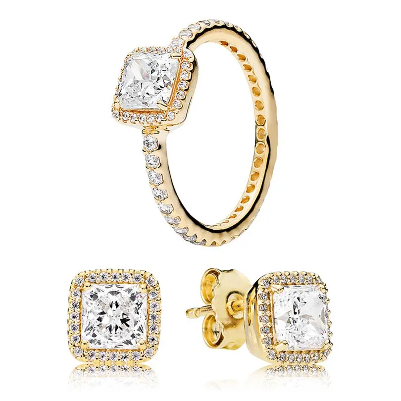 Brincos quadrados dourados e conjunto de anéis para pandora cristal diamante festa de casamento designer de joias para mulheres namorada presente anéis de luxo brinco com caixa original