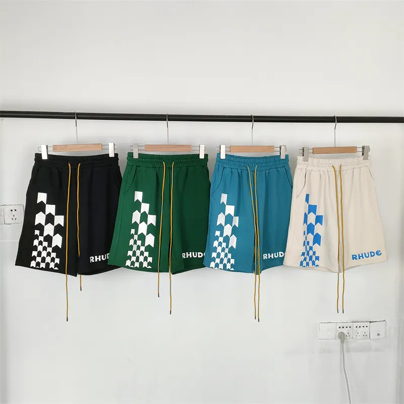 Rhude Print Men's Shorts Summer Checker Mesh Män Kvinnor Toppkvalitet Överdimensionerad gula dragskonbyxor Anime 230718