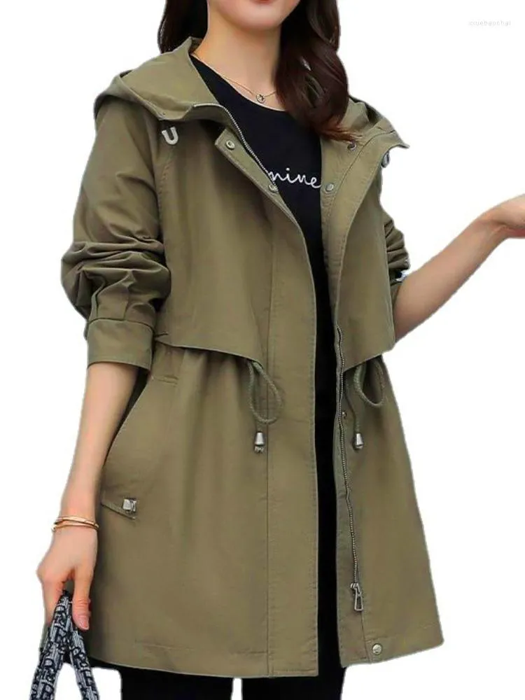 Women's Jackets Hooded Jacket Mid Length Full Zip Trench Coat With Drawcord At Waist Spring Autumn Outerwear