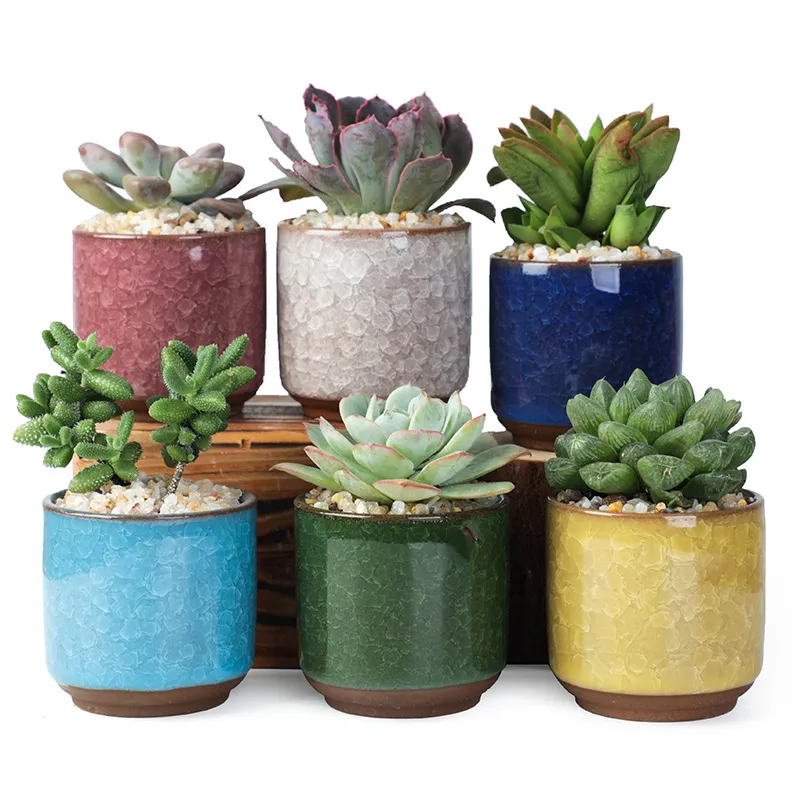 Maceta de cerámica agrietada con hielo, maceta bonita colorida para decoración de escritorio, macetas de plantas carnosas