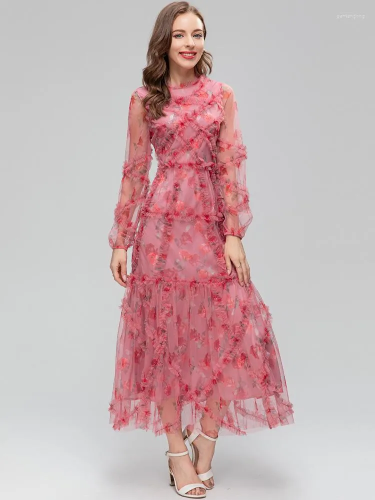 Pink Print Ruffle Trim Robe Casual Crewneck Pink Print Ruffle Long Sleeve Dress For Women From ...