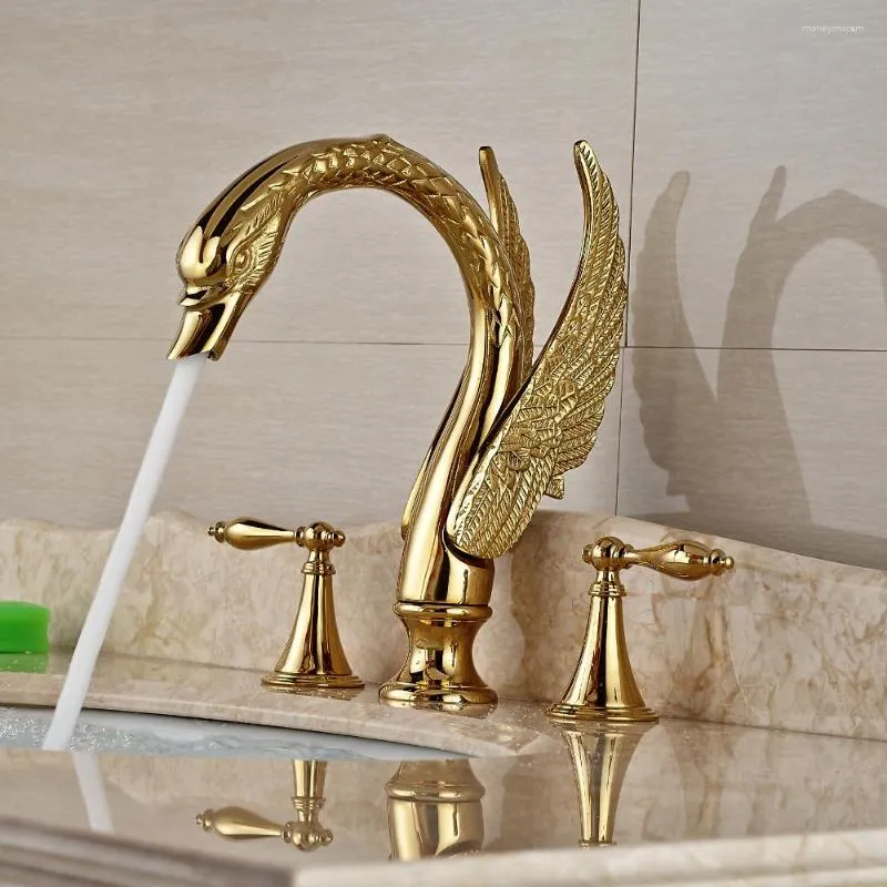 Grifos de lavabo de baño con forma de cisne de Vidric, grifo de lavabo dorado de doble manija, grifo mezclador montado en cubierta generalizada con Wat frío