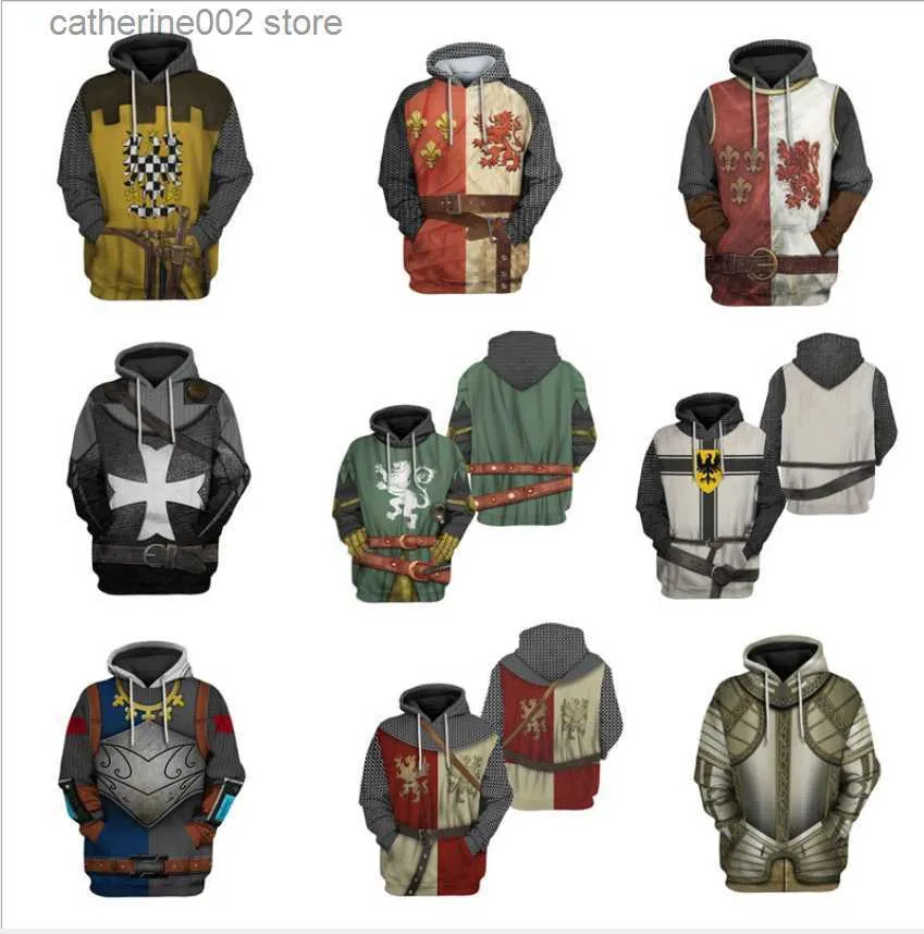 Herrtröjor tröjor män cool 3d tryck medeltida riddare hoodies romerska krigare solider enhetlig cosplay vintage riddare templar pullober plus sie t230719