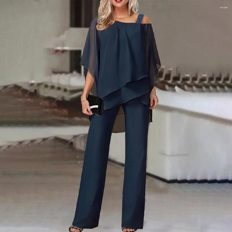 Women's Two Piece Pants Office Lady Outfit Solid Color Chic Jumpsuit Elegant Off Shoulder Batwing Sleeve Tops Wide Leg Sling