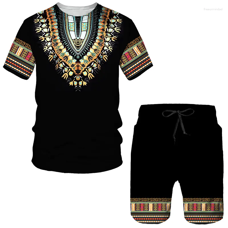 Survêtements pour hommes Été Africain Dashiki T-Shirt/Costume Décontracté 3D Imprimé Style Ethnique Deux Pièces Ensemble Couple Manches Courtes Folk-Personnalisé Survêtement