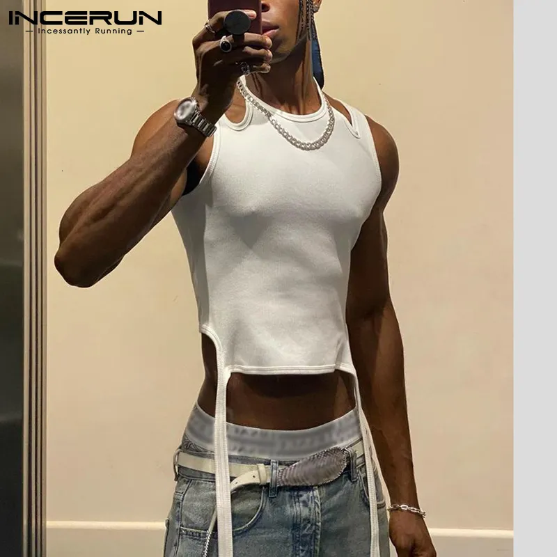 Mens Tank Tops Top Solid Color Sleeveless Hollow Casual Street Clothing Sexy Fashion Irregular Belt 5XL INCERUN 7 230718