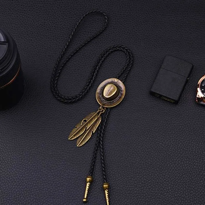 Bolo Ties Metal Hat Bolo Tie Feather Cowboy Hat Necktie for Shirt Jeans Western Necklace Braided Shoestring Necktie drop shipping HKD230719