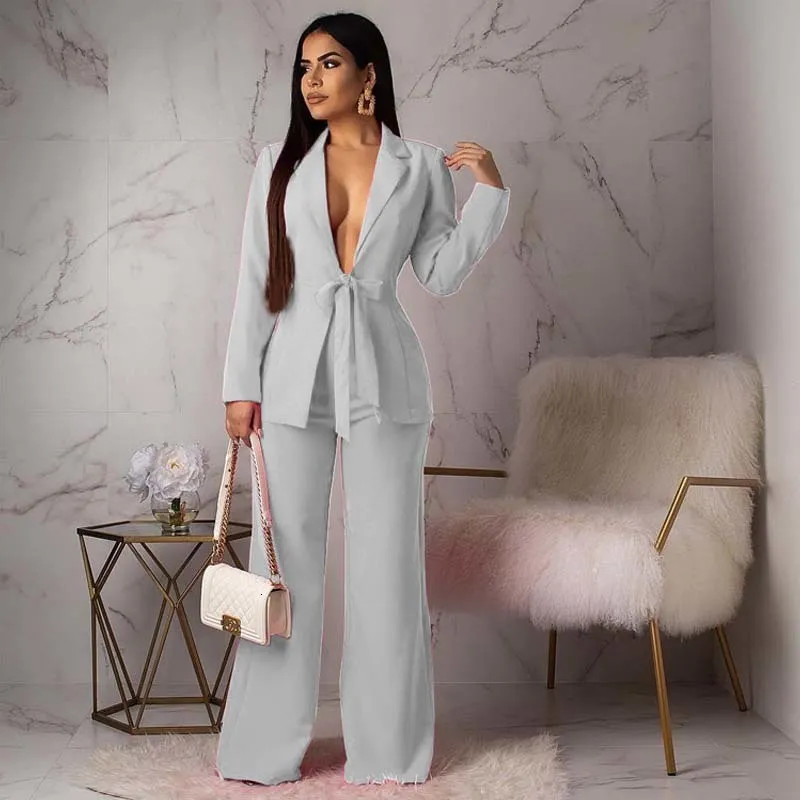 Womens Two Piece Pants Women Business Suit Set Office Wear Two Piece Blazer  Fashion Casual Professional Woman Suit With Waist Tied Jacket And Pants Set  230718 From 21,15 €