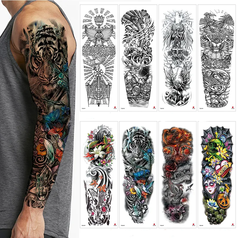 Wodoodporne tymczasowe tatuaże z pełnym ramieniem mężczyźni kobiety fajne nogę sztukę czarna ryba smok rękawa czaszka duża fałszywa naklejka Glitter Style