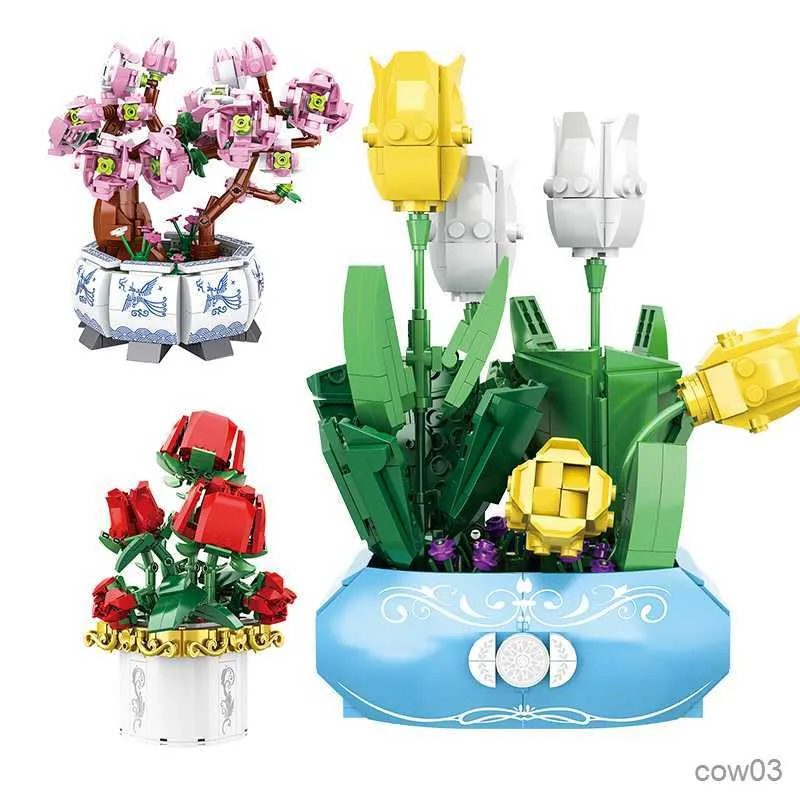 Blocks City Creativity Simulation Orchid Lotus Tulip Peony Potted Flowers Home Office Ornament Building Blocks Bricks Toys Girl Gifts R230720