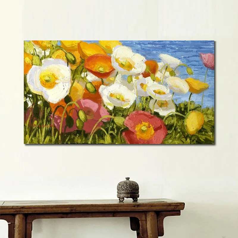 Bloemen canvas kunst vijver klaprozen handgemaakte abstracte schilderkunst modern decor voor kantoor