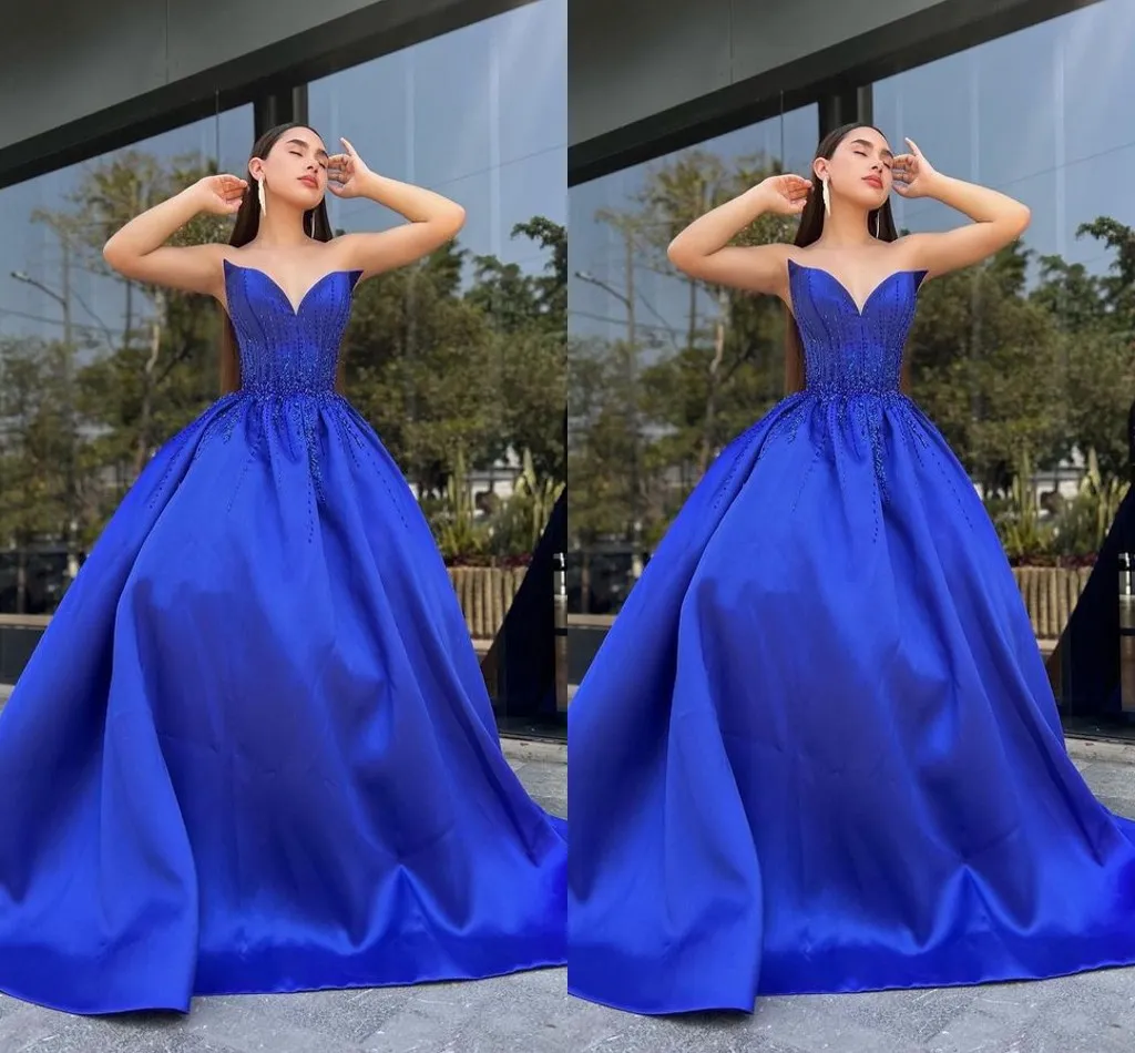 Dubai Arabic Royal Blue A Line Evening Dresses Sweetheart Beaded Sequined Formal Evening Party Dress Prom Birthday Pageant Celebrity Special Occasion Gowns