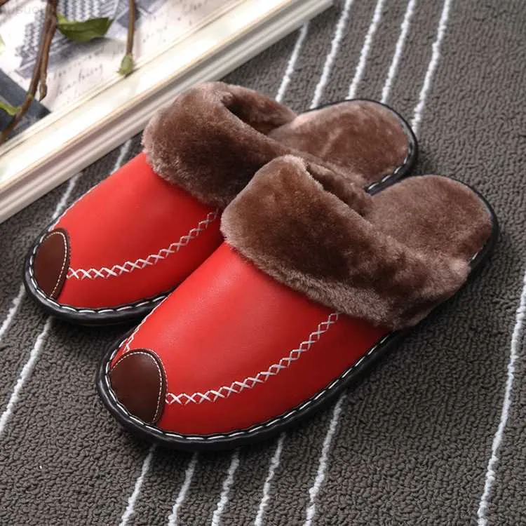 Slippers Men Slippers New Winter Plush Slippers PU Leather Slipper Women Warm Indoor Slipper Waterproof Home House Shoes Luxury Sandals L230719