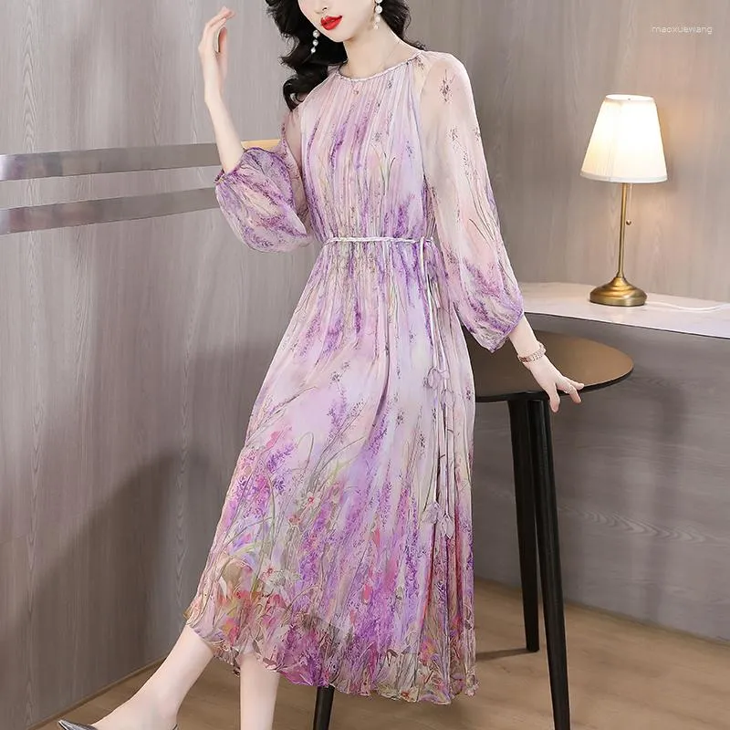 Casual Dresses Women Boho Purple Floral Silk Midi Dress Spring Summer Long Sleeve Bodycon 2023 Korean Fashion Elegant Party