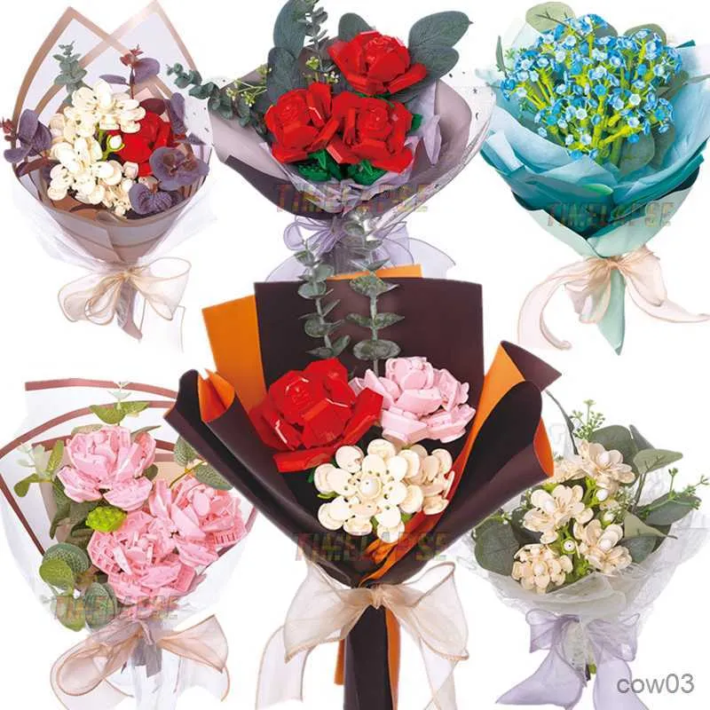 Blokken Romantische Rose Flower Garden House Plant Bouwstenen Bouwstenen Klassieke Model Bakstenen Sets Kids Gift R230720