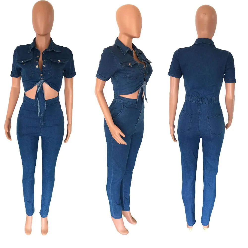 Designer Denim Jumpsuits Women Turn-down Collar Distressed Rompers Streetwear Y2K Hollow Out Jeans One Piece Overalls Bulk items Wholesale Clothes 10022