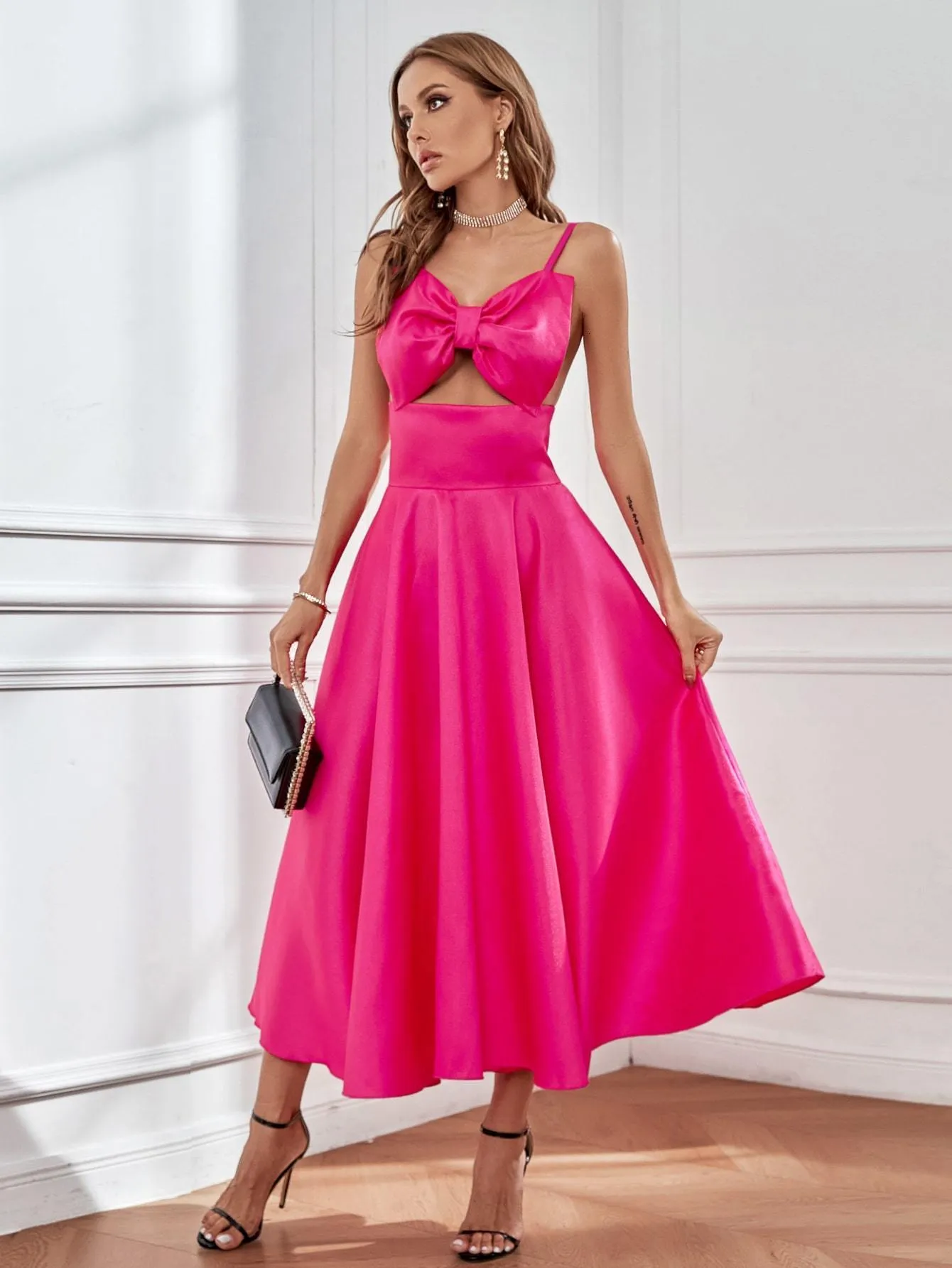 open lace back dress Simple A Line Satin Split Hot Pink Prom Dress Party Dress PSK045 US8 / Custom Color main image 0