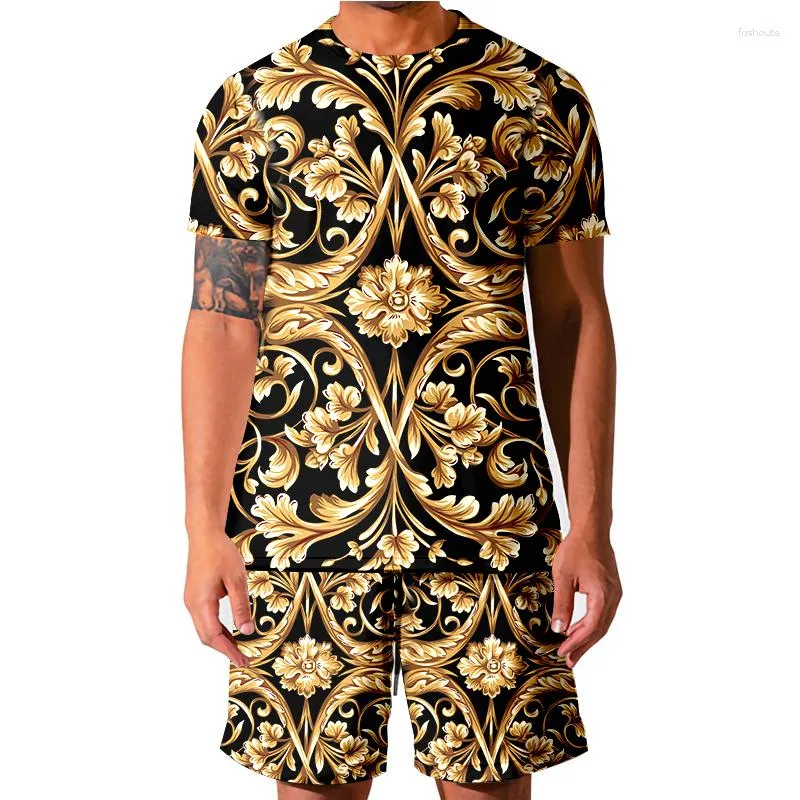 Survêtements pour hommes LCFA Marque Hommes De Luxe Royal Baroque Fleur D'or T-shirt D'été 3D Imprimer À Manches Courtes Costume 2 pièces Homme Vêtements Tops Gilet