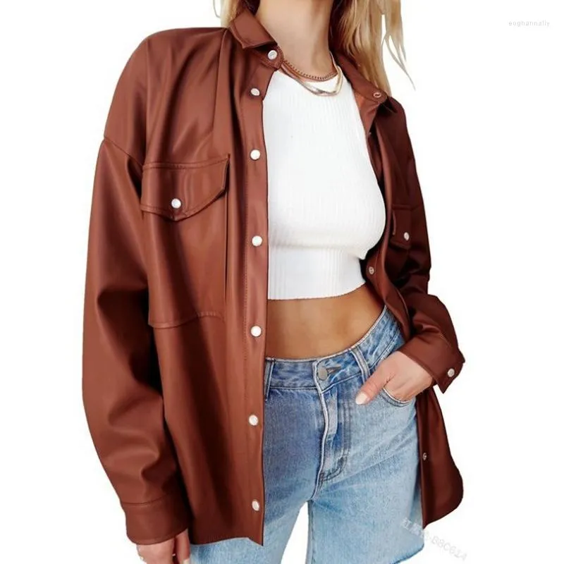 Femmes en cuir femmes veste en cuir synthétique polyuréthane mode Streetwear printemps automne surdimensionné manteau à manches longues col rabattu chemises haut décontracté