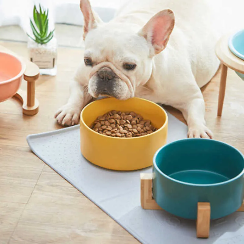Dog Bowls Feeders Ceramic Cat Dog Bowl Dish with Wood Stand No Spill ...