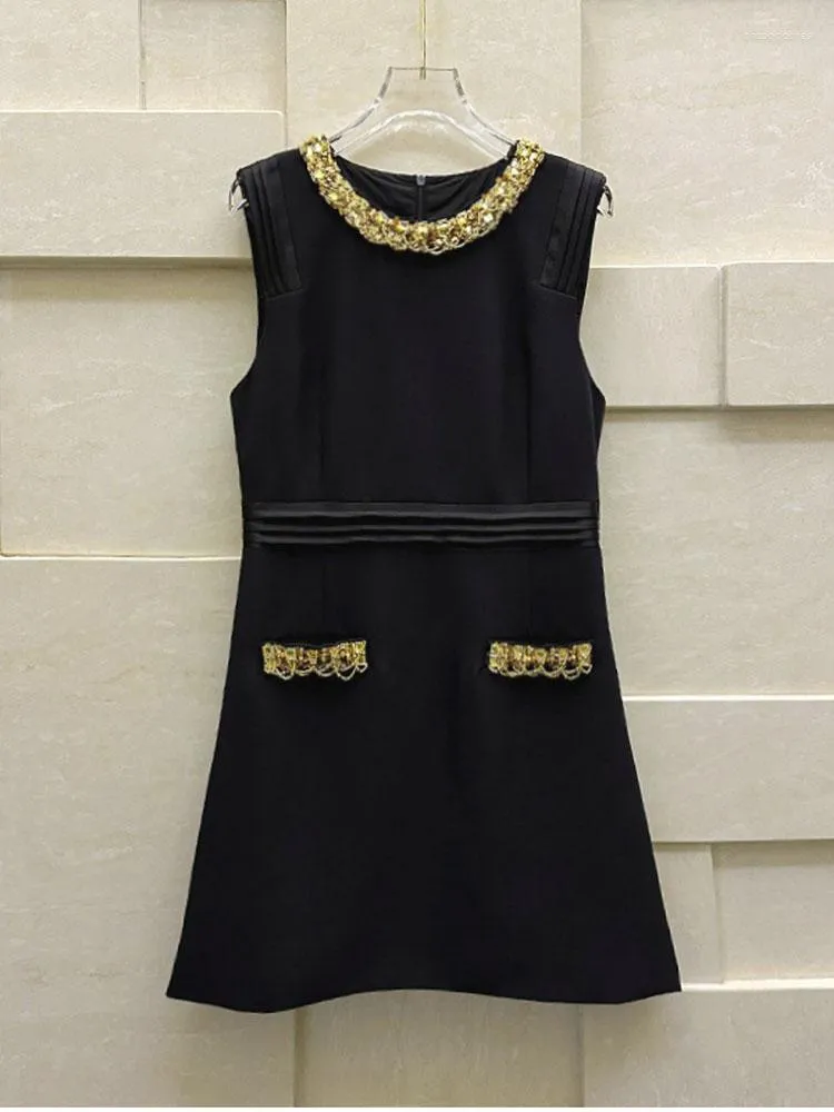 Casual Dresses HIGH STREET Est 2023 Fashion Stylish Designer Women's Round Neck Gold Beaded Sequins Sleeveless Dress