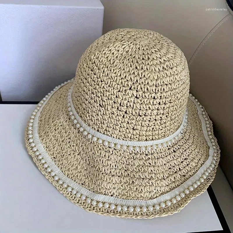 Bérets large bord crème solaire seau chapeau creux Crochet respirant chapeaux de paille Faux perle décor voyage casquette de plage