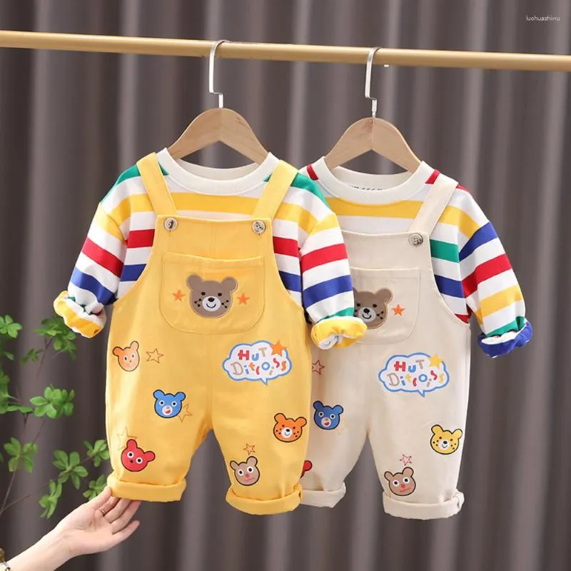 Completi di abbigliamento Primavera Autunno Vestiti per neonato e ragazza 2 pezzi Tuta manica lunga Cartone animato Birra Top Pantaloni con bretelle per bambini