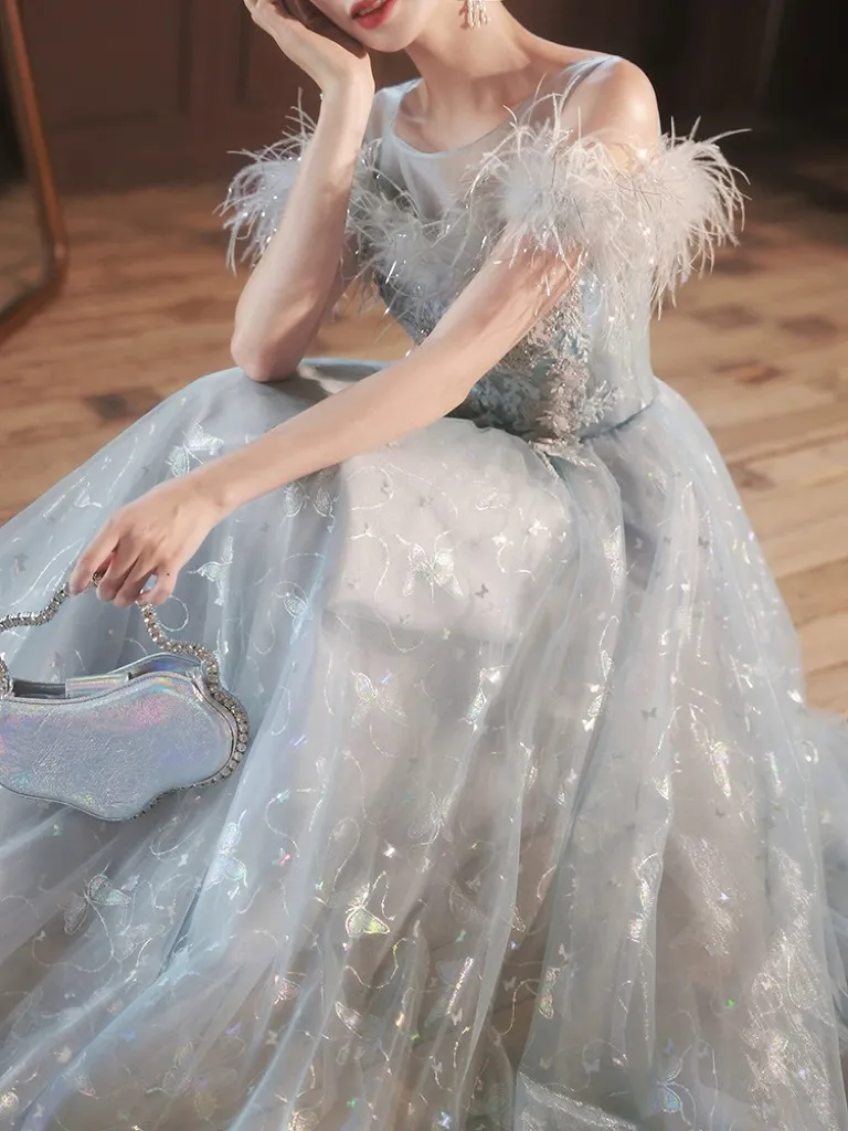 Gray Blue Prom Dress Floor-Length Sleeveless A-Line Lace-Up Back Feather  Applique Embellished Evening Gown from Dhgate Evening Dresses - price 85.84