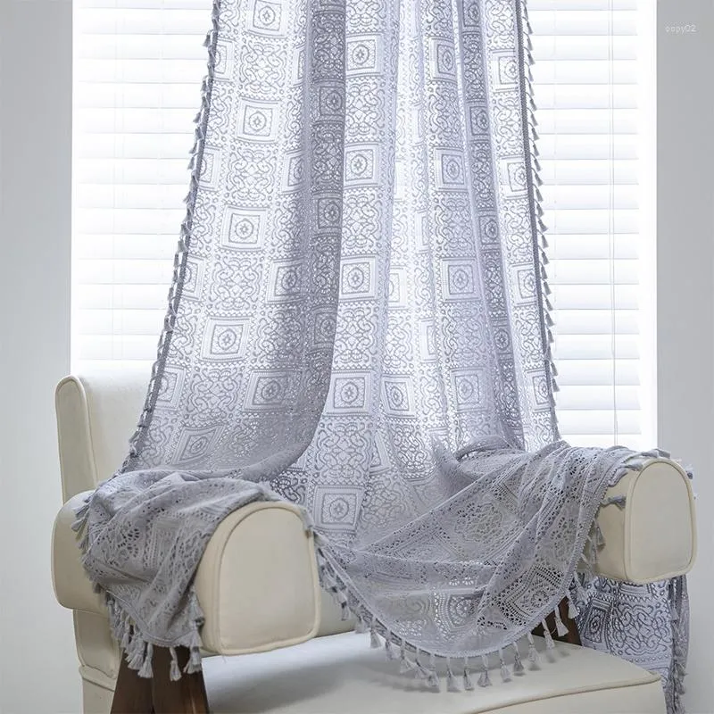 Tenda Home Art Life Grigio Crochet Trasparente Paese americano Scavato Soggiorno Balcone Camera da letto Finestra a bovindo Valance