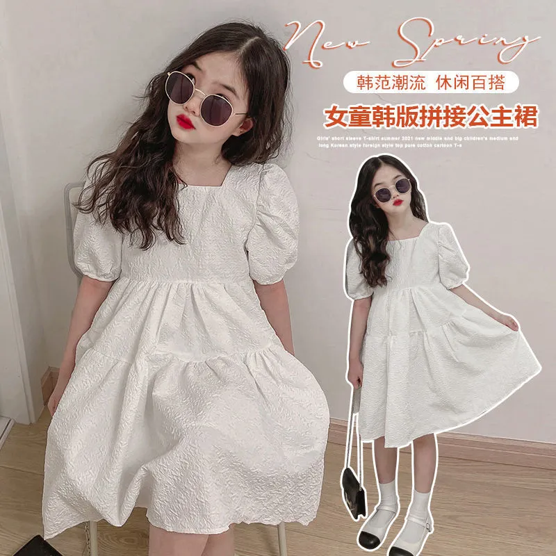 2023 summer princess white dress boat neckline short sleeve backless loose kids children toddler teen 5 6 8 9 10 11 12 years