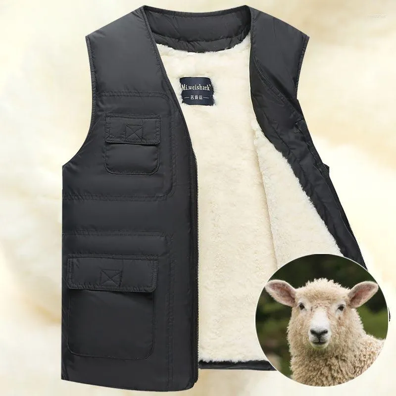 Men's Vests 2023 Autumn Winter Fashion Middle-aged Warm Vest Male Real Wool Fur Waistcoat Men Padded Cotton Sleeveless Coats D344