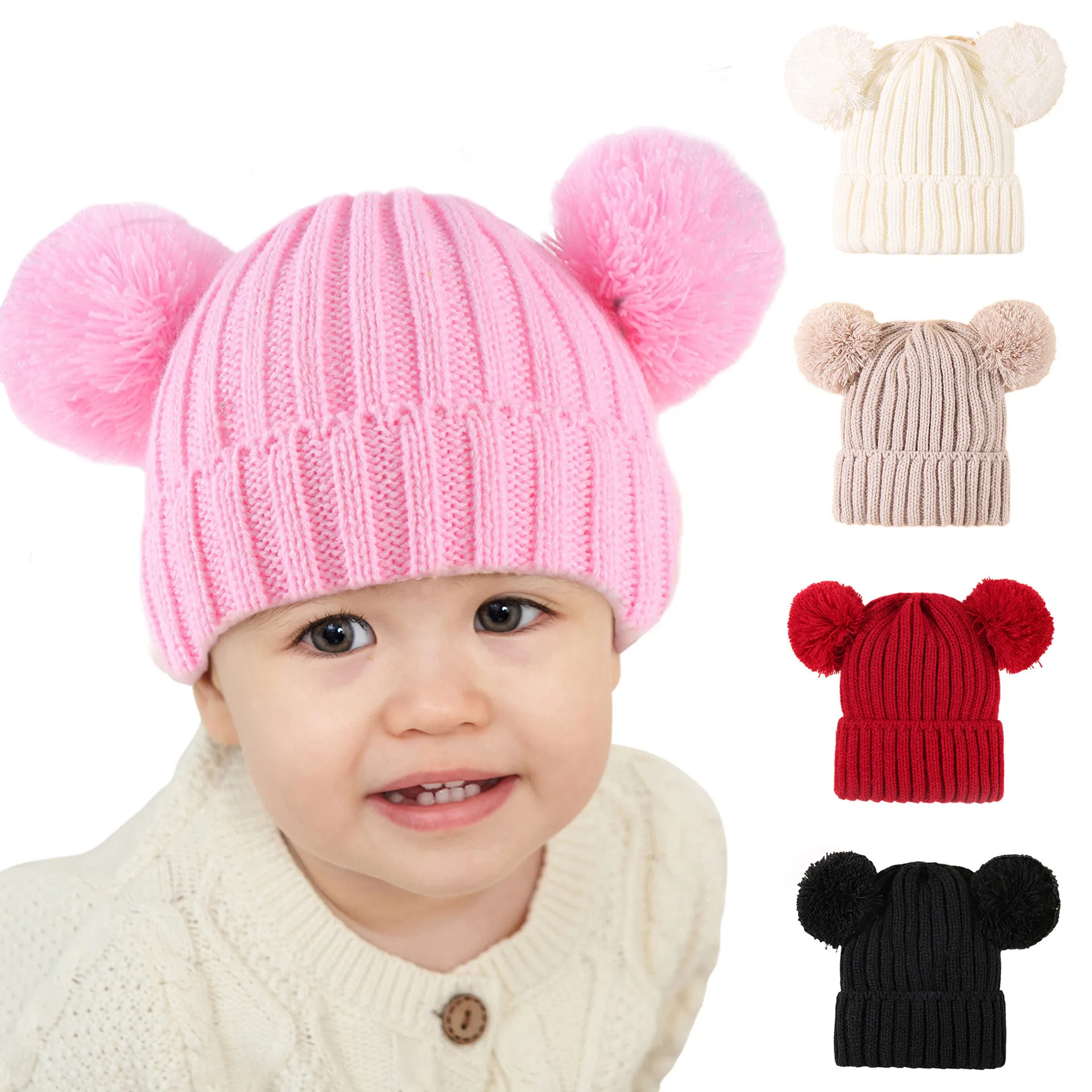 Calore del cappello di lana per bambini disegnato a doppia palla in tinta unita e cappello in maglia tinta unita per bambini DH059